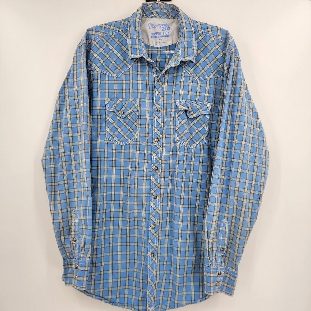 Wrangler 20X Long Sleeve Button Front Shirt Mens Size XLT Blue Plaid Snap